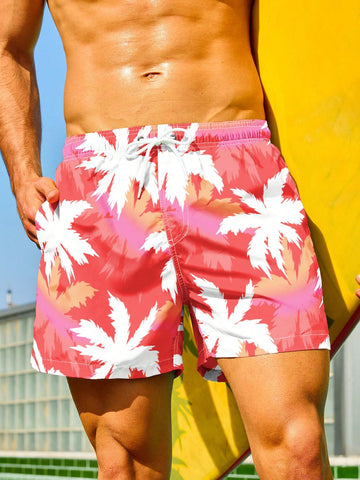Men Coconut Tree Printed Beach Shorts With Drawstring Waistband For Summer Vacation