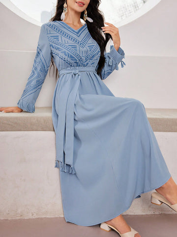 Women's V-Neck Geometric Print Long Sleeve Abaya Dress