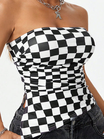 Women Street Fashion Checkerboard Strapless Top With Asymmetric Hem