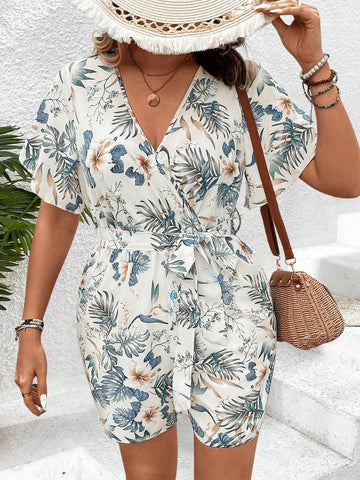 Plus Size V-Neck Full Printed Wrap Cross Belted Jumpsuit