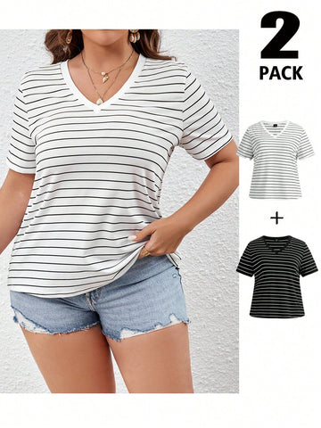 Plus Size Women's Summer Casual Loose V-Neck Striped T-Shirts 2-Pack,Summer Women Clothes,Cute Women Tops