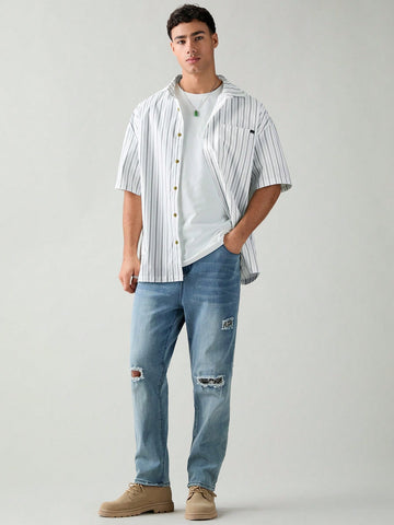 Men Summer Woven Striped Button-Front Short Sleeve Casual Shirt