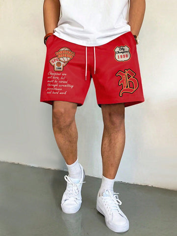 Men's Badge & Slogan Printed Drawstring Waist Shorts, Suitable For Summer