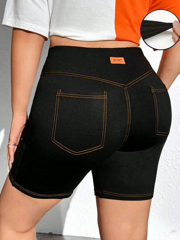 Plus-Size Elastic Slimming Leggings With Contrast Panels And Double Stitching For Cycling Or Sports Biker Women Shorts