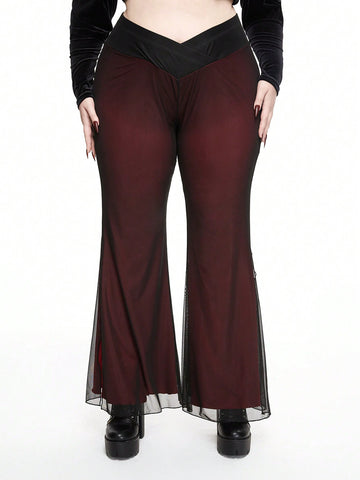 Large Size Contrast Color V-Waist Side Slit Mesh Flared Pants