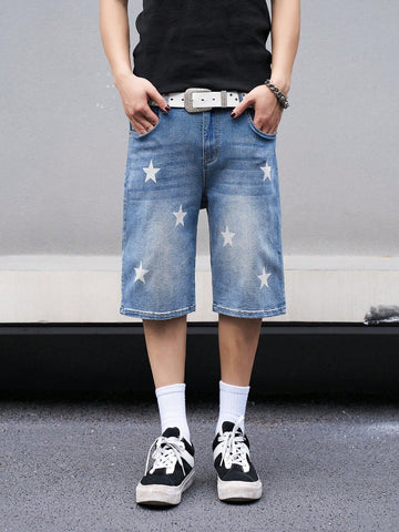 Men Summer Casual Denim Shorts With Star Print And Pockets