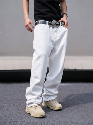 Men Casual Solid Color Straight Washed Denim Jeans