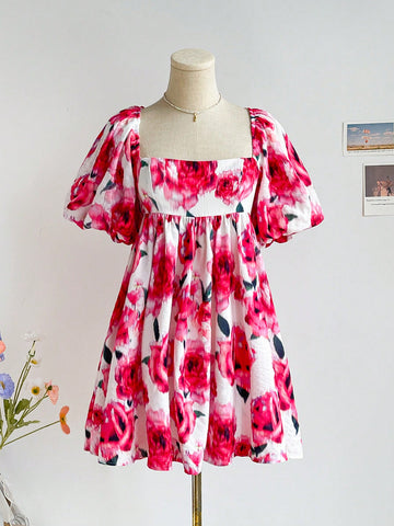 Women Romantic Vacation Summer Countryside Pink Floral Print Square Neck Bubble Sleeve Mini Dress , Perfect For Wedding Season