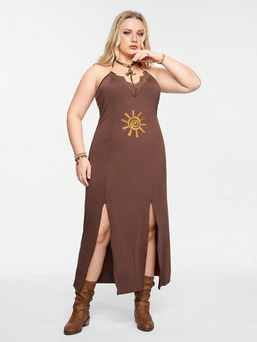 Plus Size Summer Holiday Sun Embroidery Lace Trimmed Long Dress With V Neckline