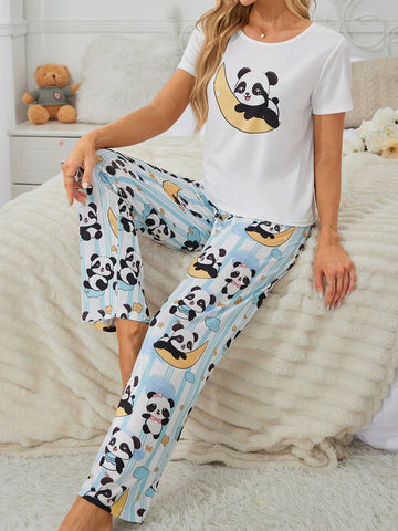 Panda Print Round Neck Short Sleeve Top And Long Pants Sleepwear Set In Standard Size