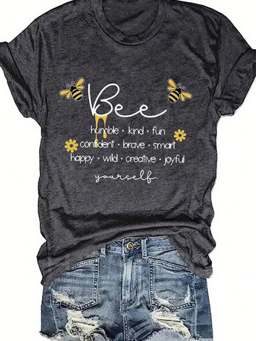 Women Summer Short Sleeve Casual T-Shirt With Bee Printed Round Neckline And Slogan