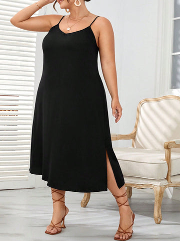 Plus Size Holiday Leisure Sleeveless V-Neck H-Line Basic Non-Elastic Woven Black Dress With Side Slit