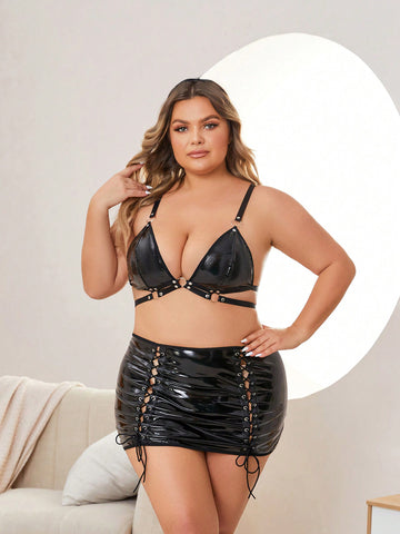 Plus Size Women Sexy Leather Lingerie Set (Bra And Skirt)