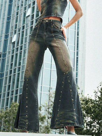 Vintage Distressed Western Style Flared Bell Bottom Jeans For Music Festival