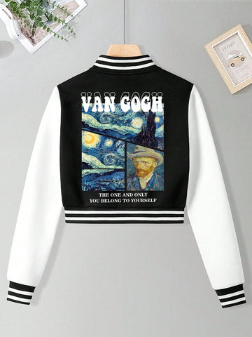 Women Fashionable Jacket With Baseball Collar, Collage Of Famous Paintings And Color Blocking Design
