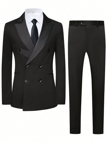 Men Casual Double Breasted Suit Jacket With Flat Collar And Straight Trousers Set