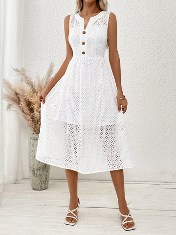 White Embroidery Button Elegant Women Dress