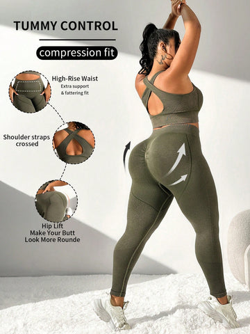 Plus Size Hollow Out Back Cross Seamless Sports Set