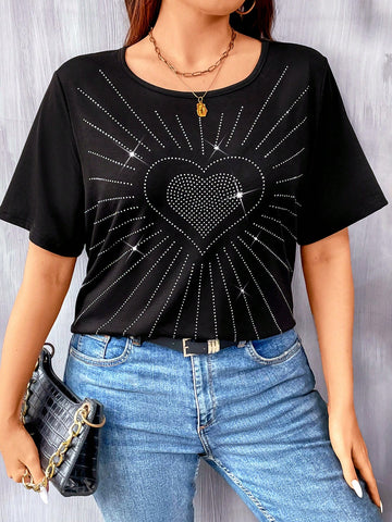 Plus Size Women Summer Short-Sleeved Casual T-Shirt With Rhinestone Love Heart Print And Round Neckline