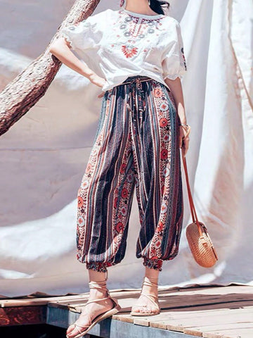 Plus Size Vacation & Leisure Style Printed T-Shirt And Vintage Print Elastic Waist Pants Set