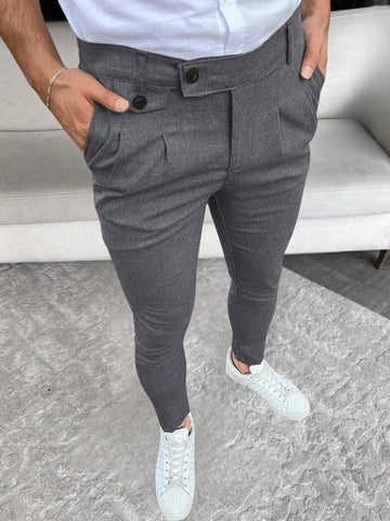 Men Pleated Design Straight-Fit Suit Pants