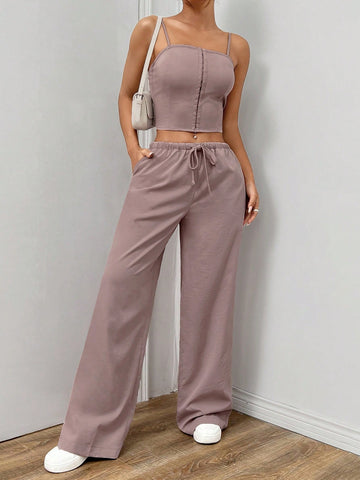 Women Solid Color Slim Fit Camisole Top And Waist Tie Casual Pants Summer 2pcs/Set