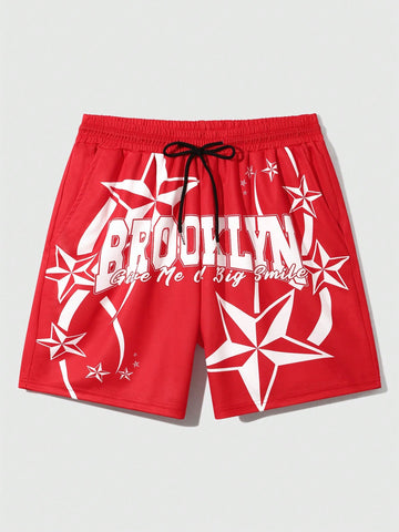 Men's Star & Letter Printed Drawstring Waist Shorts, Suitable For Daily Wear In Spring And Summer