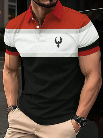 Men Phoenix Embroidery Polo Shirt With Contrast Color Buttons And Half Button-Up Collar Short Sleeve For Casual Summer Outfit