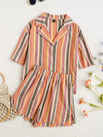Holiday Style Colorful Striped & Printed Front Button Short Sleeve Shirt & Shorts 2-Piece Set Short Sets Summer