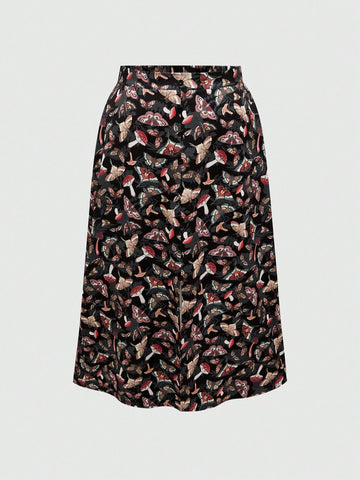 Plus Size Women Mushroom Print Mid-Calf Length Holiday Skirt With High Slit Hem
