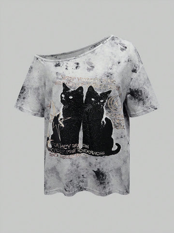 Women Fashionable Cat Printed Short Sleeve T-Shirt