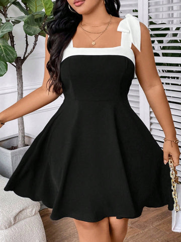 Women's Summer Stylish Classic Black & White Color Block Bowknot Shoulder Strap Dress