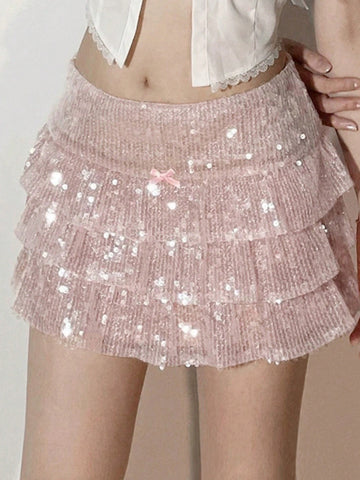 Sequined Low Waist Multi-Layered Design Fashionable Skirt