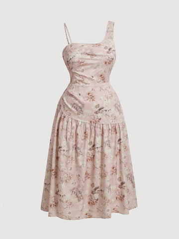 Plus Size Women Fashionable Asymmetric Strap Floral Print Dress