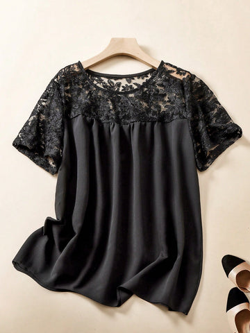 Plus Size Solid Color Embroidered Mesh Splice Shirt