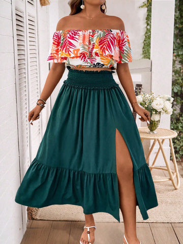 Plus Size Women Tropical Plant Printed Ruffle Off Shoulder Top And High Waist Split Hem Skirt Fashion Set For Holiday
