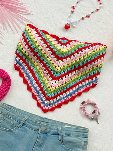 Women Multi-Colored Bohemian  Triangle Back Tie Music Festival Summer Tube Top For Vacation