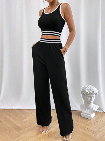 Women Plus Size Round Neck Colorblock Camisole Tank Top And Colorblock Black Pants Fashionable And Comfortable Black And White Two Piece Set