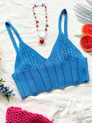Women Loose Fit Knit Tank Top With Special Weaving Pattern And Vacation Style In Blue