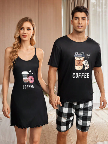 Men Coffee Print Round Neck Short-Sleeved Top And Checkered Print Shorts Summer Casual Homewear Set