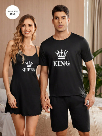 Men\ Crown & Letter Print Short Sleeve Top And Shorts Home Suit