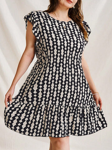 Apricot And Dark Blue Simple Retro Geometric Circle Neck Cap Sleeve Dress With Ruffled Hem, Romantic And Casual Holiday A-Line Plus-Size Mini Dress