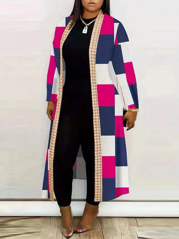 Women Geometric Printed Patchwork Long Cardigan With Weave Belt And Loose Fit, Spring/Fall