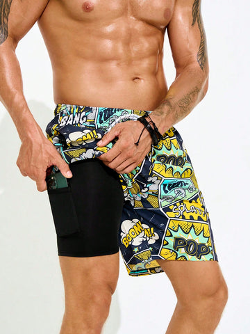 Men Printed Beach Shorts With Drawstring And Inner Lining, For Vacation