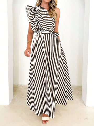 Black And White Striped A-Line Dress With Ruffled Hem And Waist Belt, Elegant For Vacation
