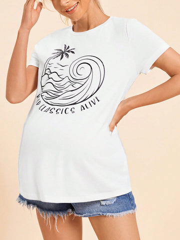 Maternity Island Vacation Round Neck Short Sleeve Top With Front Coconut Tree Pattern