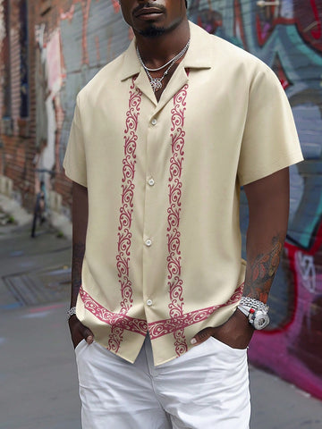 Men Patchwork Printed Button Front Short-Sleeve Summer Casual Shirt