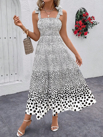 Women Polka Dot Printed Waist-Cinched Long Cami Dress For Leisure Travel