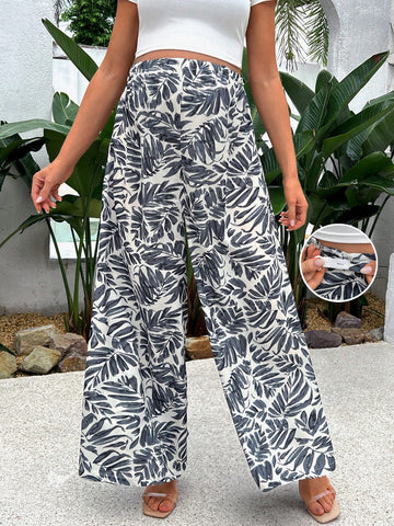 Maternity Vacation Leisure Adjustable Wide Leg Pants With Floral Print
