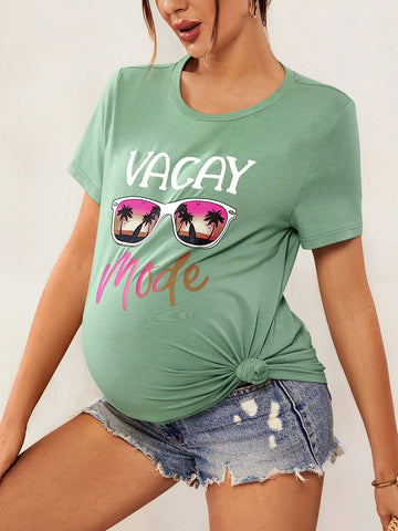 Maternity Island Vacation Round Neck Short Sleeve Regular Fit Loose Pregnant Women T-Shirt